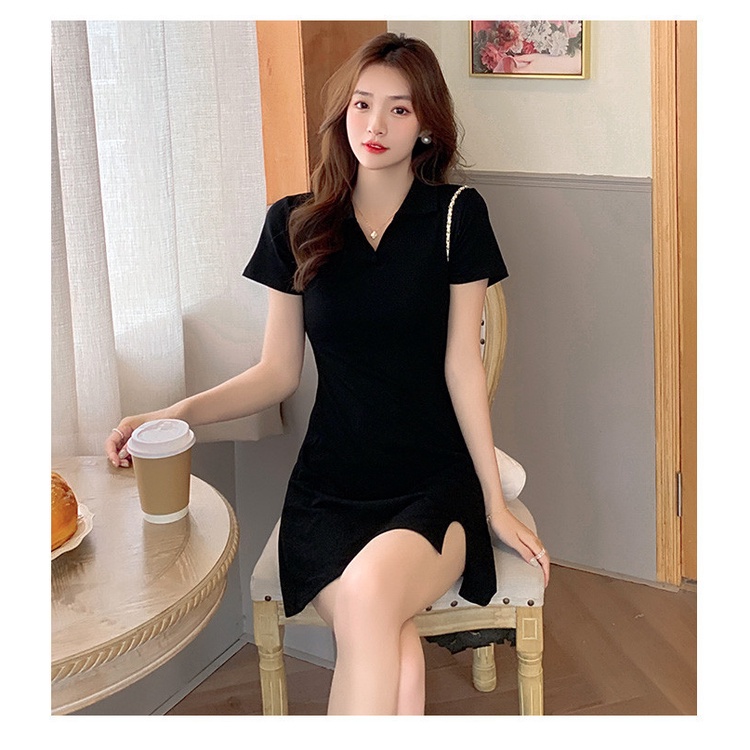 Đầm Thun Tay Ngắn Cổ Bẻ Dáng Ôm Đơn Giản Thời Trang Cho Nữ