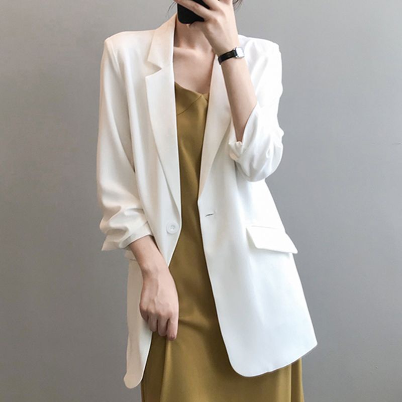 Áo Khoác Blazer Chất Liệu Chiffon Mỏng Dáng Rộng Màu Trắng Thời Trang Mùa Hè Cho Nữ