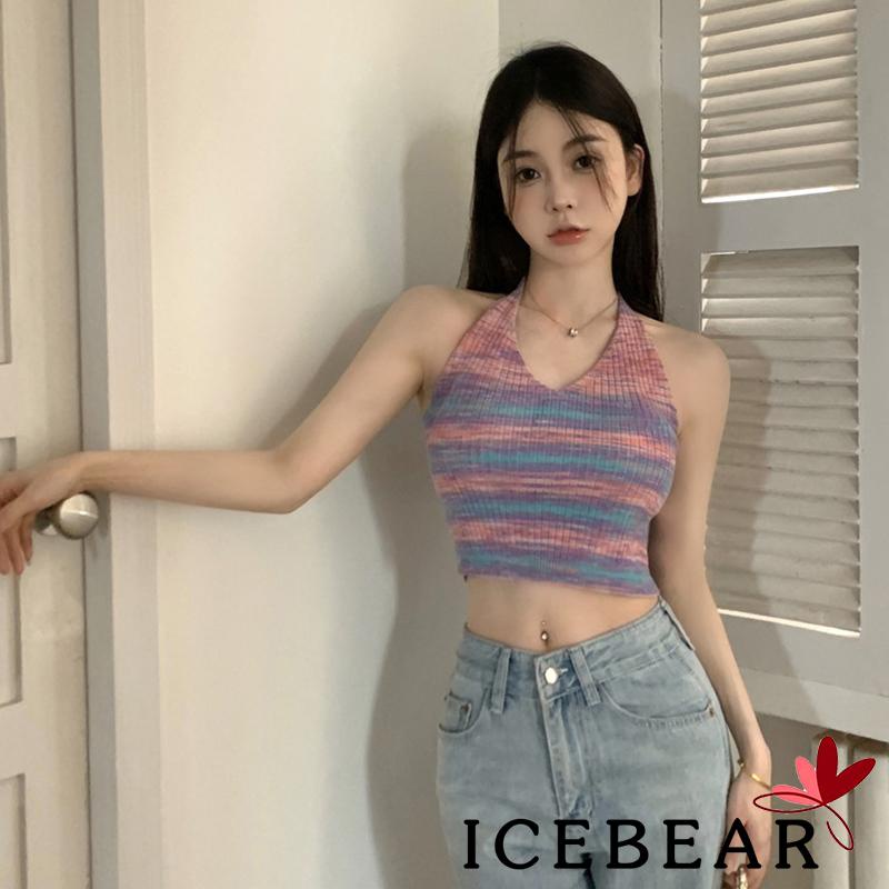 Áo Croptop Dệt Kim Không Tay Dây Chéo Lưng In Họa Tiết Kẻ Sọc Cho Nữ