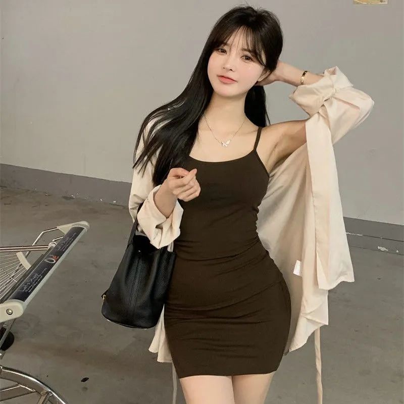 Set Áo Sơ Mi Dài Tay Và Đầm Hai Dây Phong Cách Mới Quyến Rũ Dành Cho Nữ