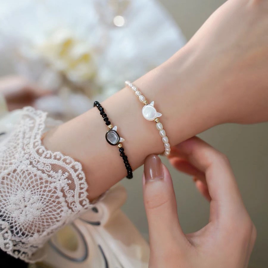 Vòng Tay Pha Lê Vỏ Sò Tự Nhiên Màu Trắng / Đen Hình Đầu Mèo Dễ Thương Cho Cặp Đôi