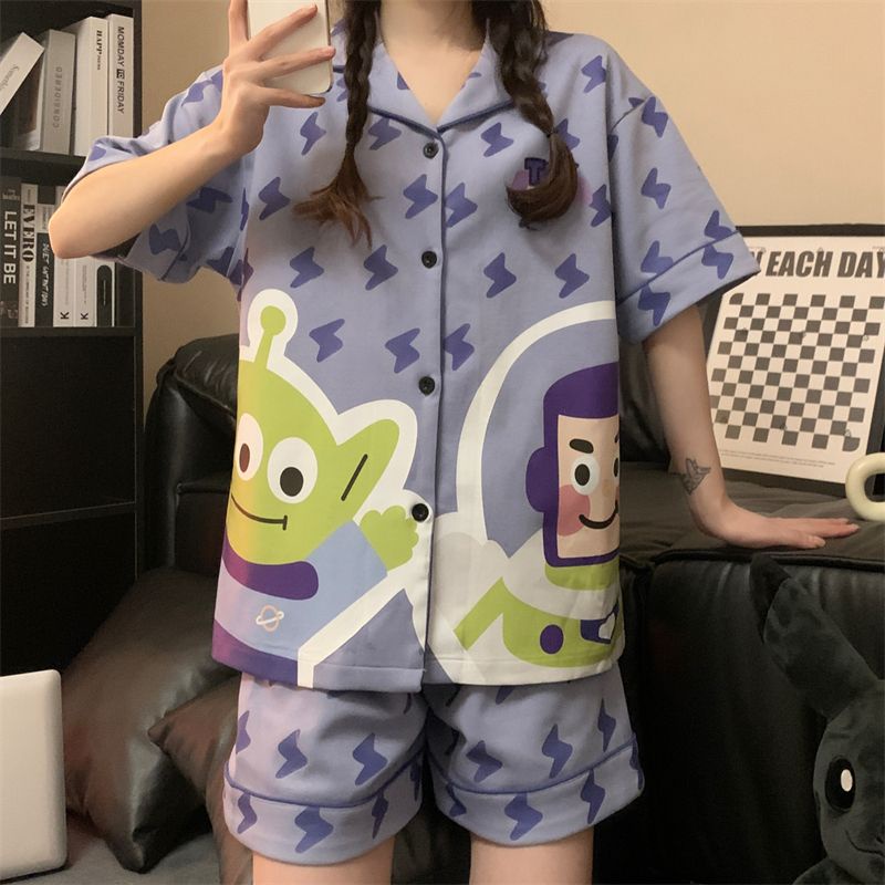 Bộ Đồ Ngủ Ngắn Tay Họa Tiết Hoạt Hình Người Ngoài Hành Tinh Thời Trang Mùa Hè Cho Nữ