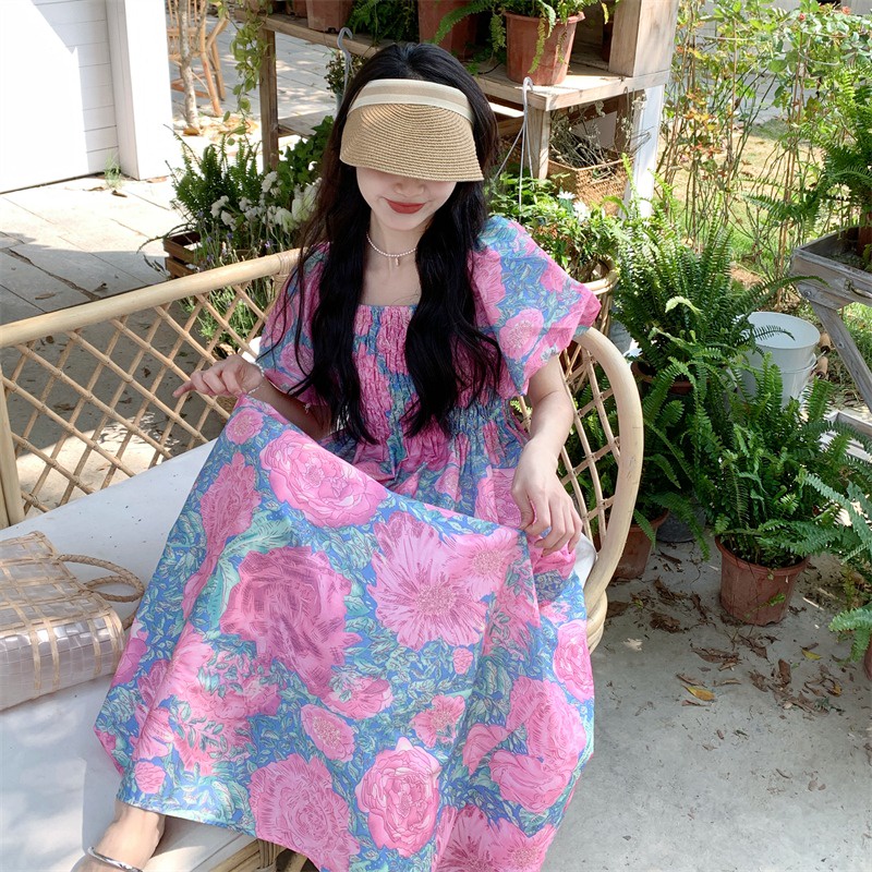 Đầm Midi Dáng Rộng Cổ Vuông Tay Phồng Họa Tiết Hoa Thời Trang Mùa Hè Xinh Xắn Cho Nữ