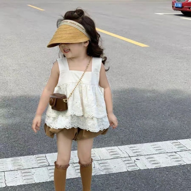 Bộ Áo Thun Không Tay Thêu Hình + Quần Đùi Phong Cách Hàn Quốc Thời Trang Mùa Hè Dành Cho Bé Gái