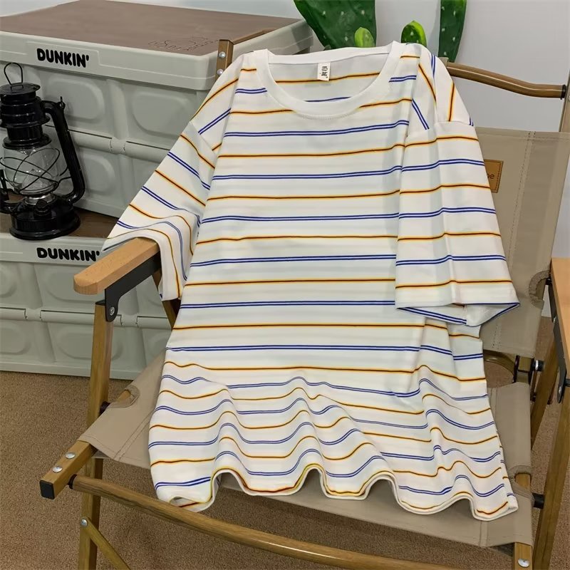 Áo Thun Cotton Cổ Tròn Tay Ngắn Họa Tiết Kẻ Sọc Phong Cách Hong Kong Thời Trang Mùa Hè Cho Nam