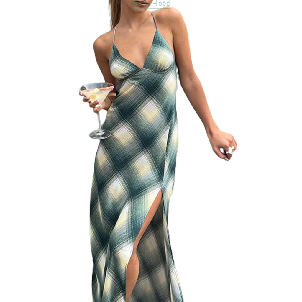 Sleeveless Printed Suspended Dress V neck Backless Split Street Dresses for Women#BBHOOD