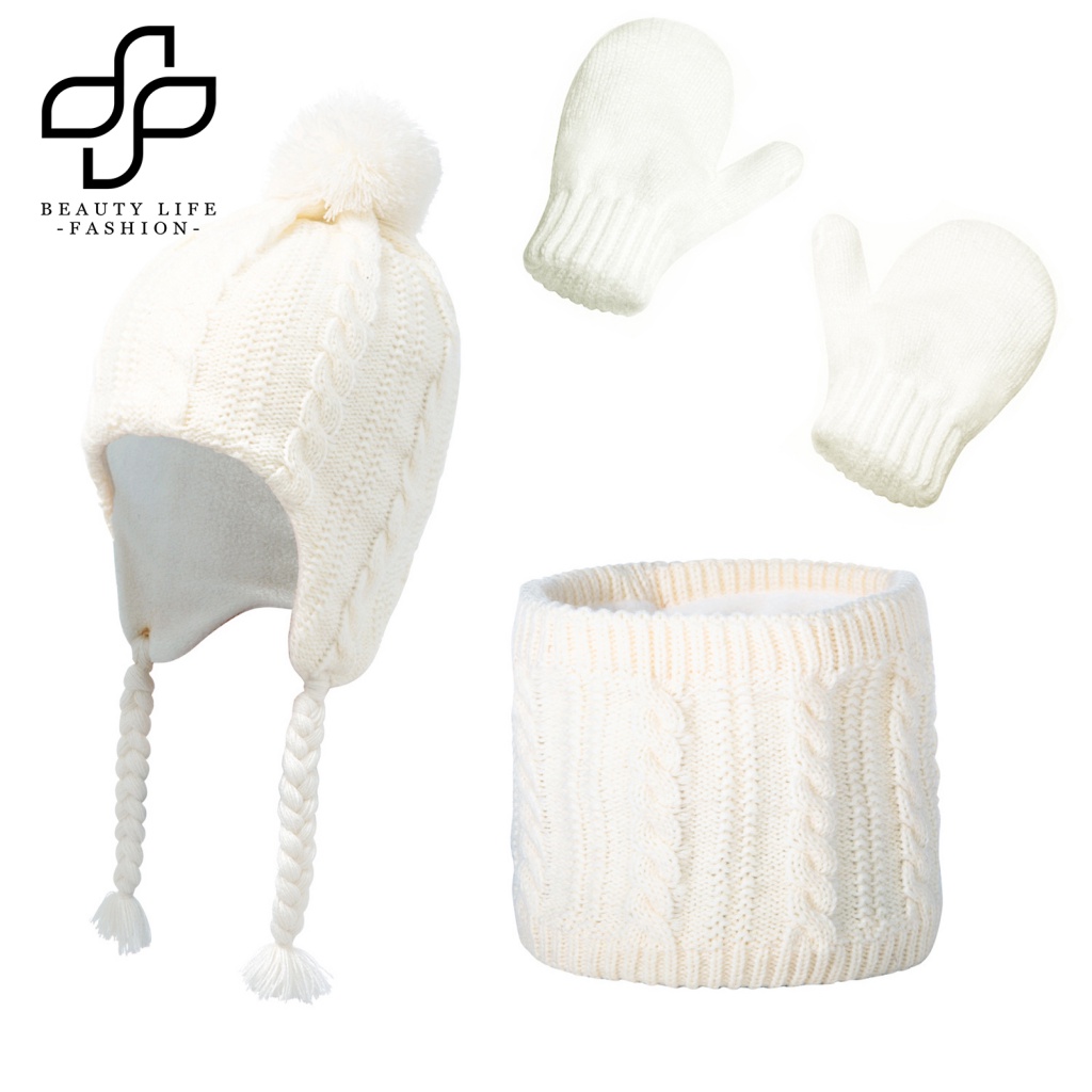 1 Bộ Nón Và Găng Tay Len Dệt Kim Đính Bóng Lông Cho Bé 2-5 Tuổi