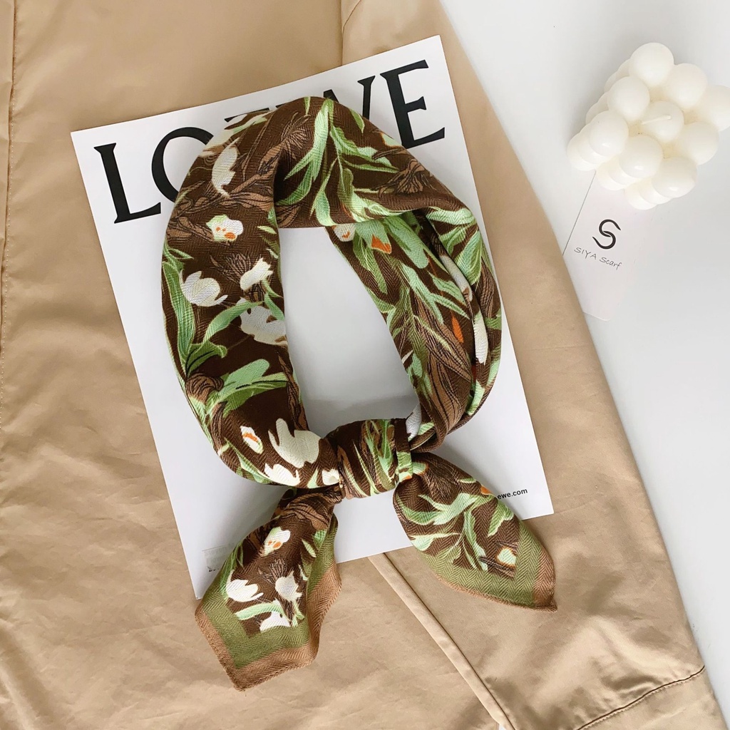 Khăn Quàng Cổ Nhỏ Bằng Lụa Cotton In Hoa Màu Xanh Lá Phong Cách Hàn Quốc Cổ Điển 68 * 68cm Dành Cho Nữ