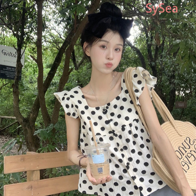 Áo Kiểu Tay Phồng Cổ Vuông Họa Tiết Chấm Bi Phong Cách Pháp