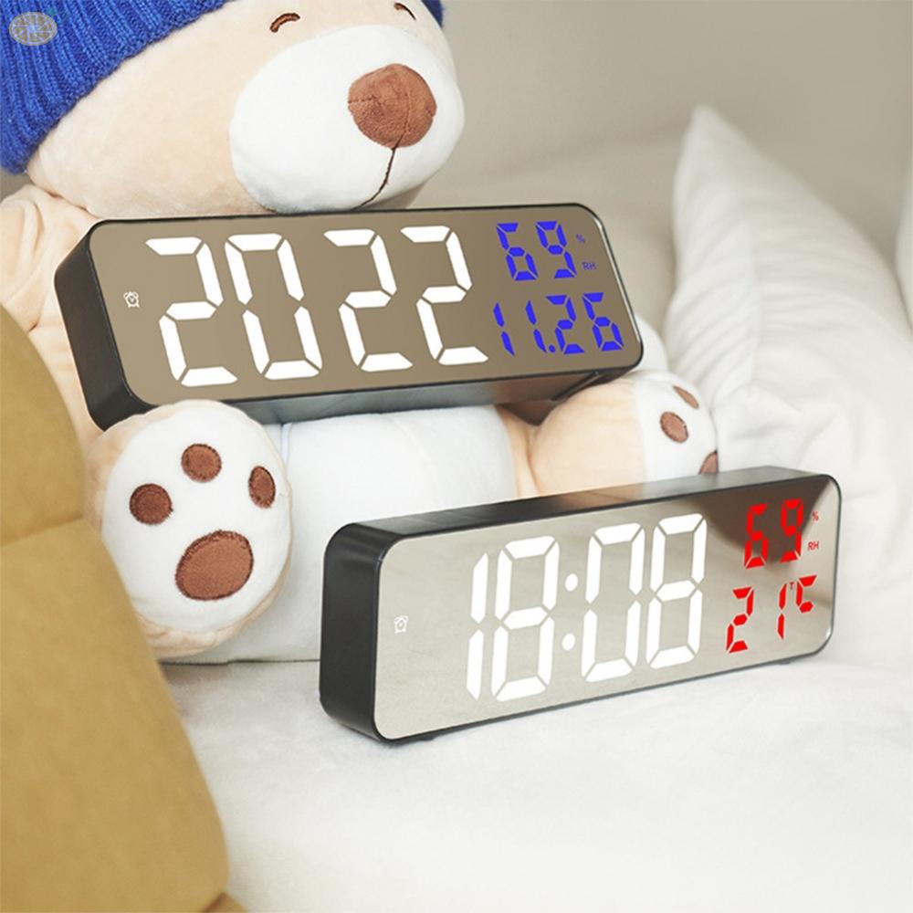 【VARSTR】Mirror LED Digital Alarm Clock Temperature Humidity Date Display Home Decoration