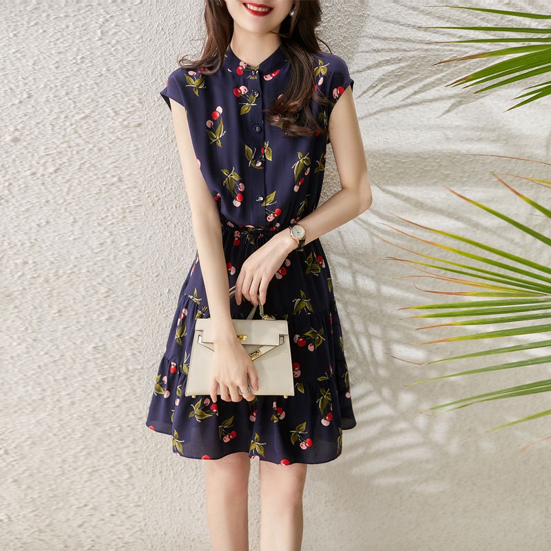 Đầm Chiffon Mỏng Chiết Eo In Họa Tiết Quả Cherry Thời Trang Mùa Hè 2023 Phong Cách Pháp Cho Nữ