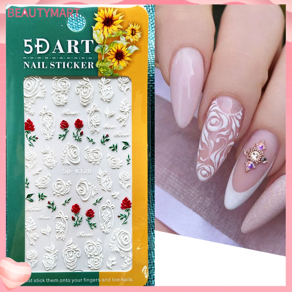 Miếng Dán Móng Tay Hiệu Ứng 5D Không Phai Siêu Mỏng Họa Tiết Hoa Dập Nổi Màu Trắng Dùng Trang Trí Móng Tay