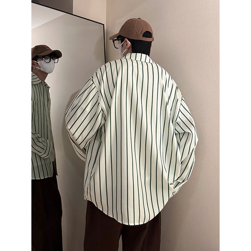 Áo Sơ Mi Nam Dài Tay Dáng Rộng Họa Tiết Kẻ Sọc Phong Cách Retro Nhật Bản