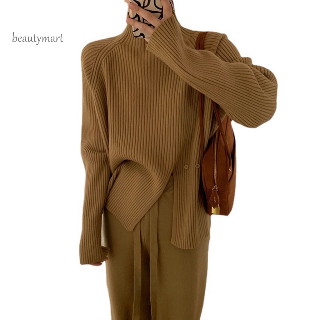 Áo Sweater Cổ Lọ Tay Dài Dáng Rộng Màu Sắc Đơn Giản Thiết Kế Xẻ Tà Thời Trang Mùa Đông Cho Nữ beautymartm1