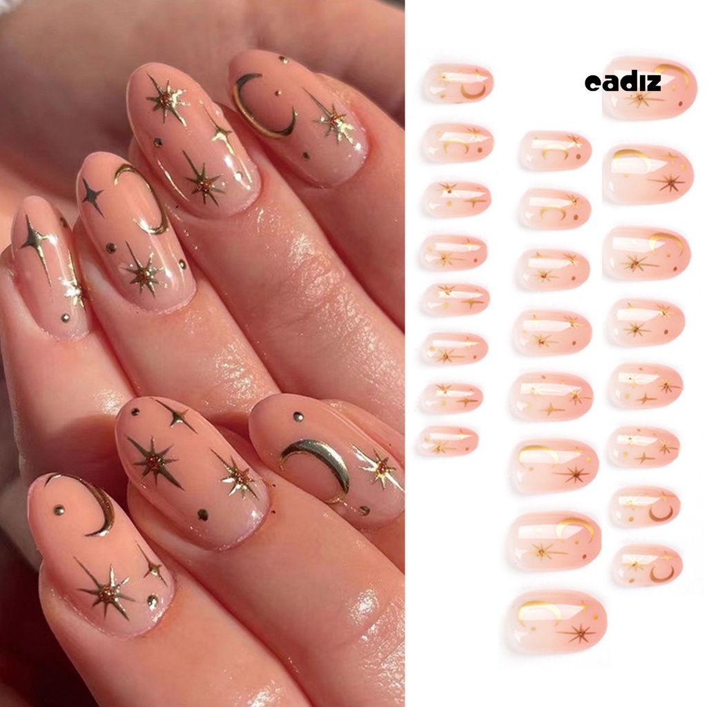 Bộ 24 Móng Tay Giả Hình Vuông Ngắn Đính Ngôi Sao / Mặt Trăng Màu Vàng Bóng Có Keo Dán Trang Trí Toàn Diện DIY