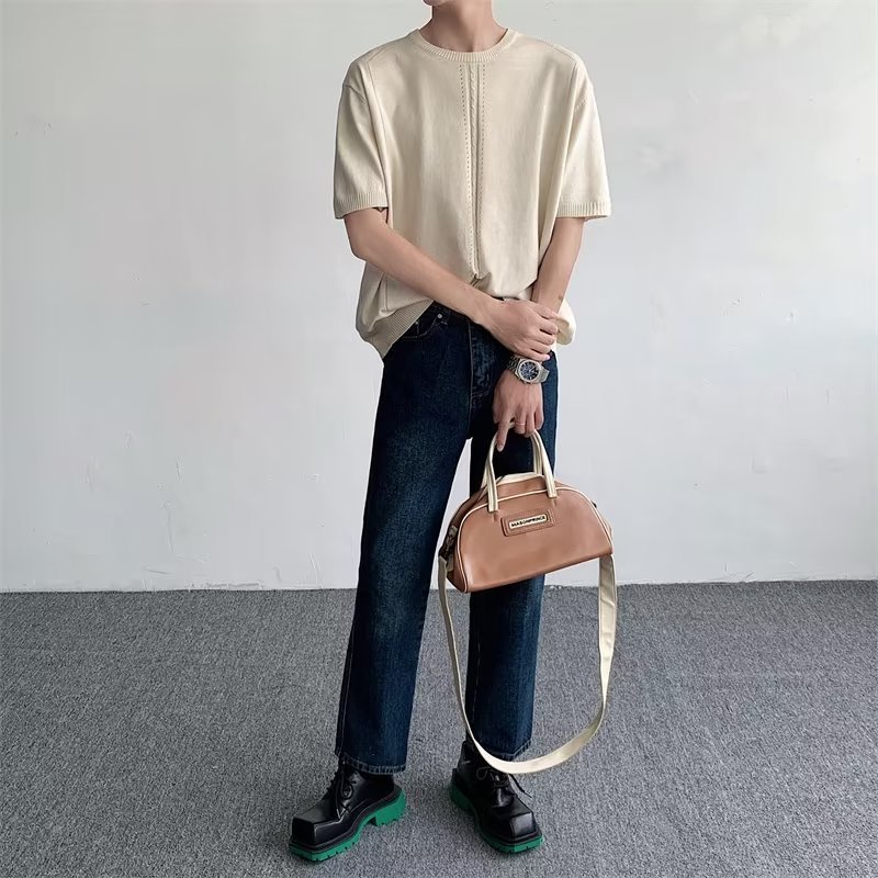 Áo Thun Kaki Dệt Kim Tay Ngắn Dáng Ôm Trọng Lượng Nhẹ 300g Thiết Kế Thoải Mái Thời Trang Đường Phố Cho Nam 5