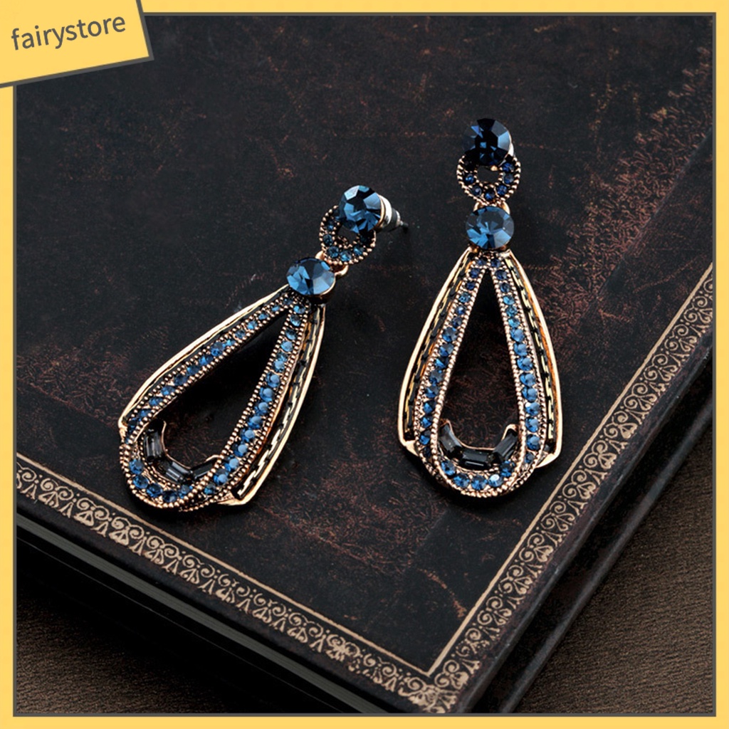 [FRO] Bông Tai Giọt Nước Đính Đá Xanh Lam Hình Giọt Nước Phong Cách Vintage Công Sở