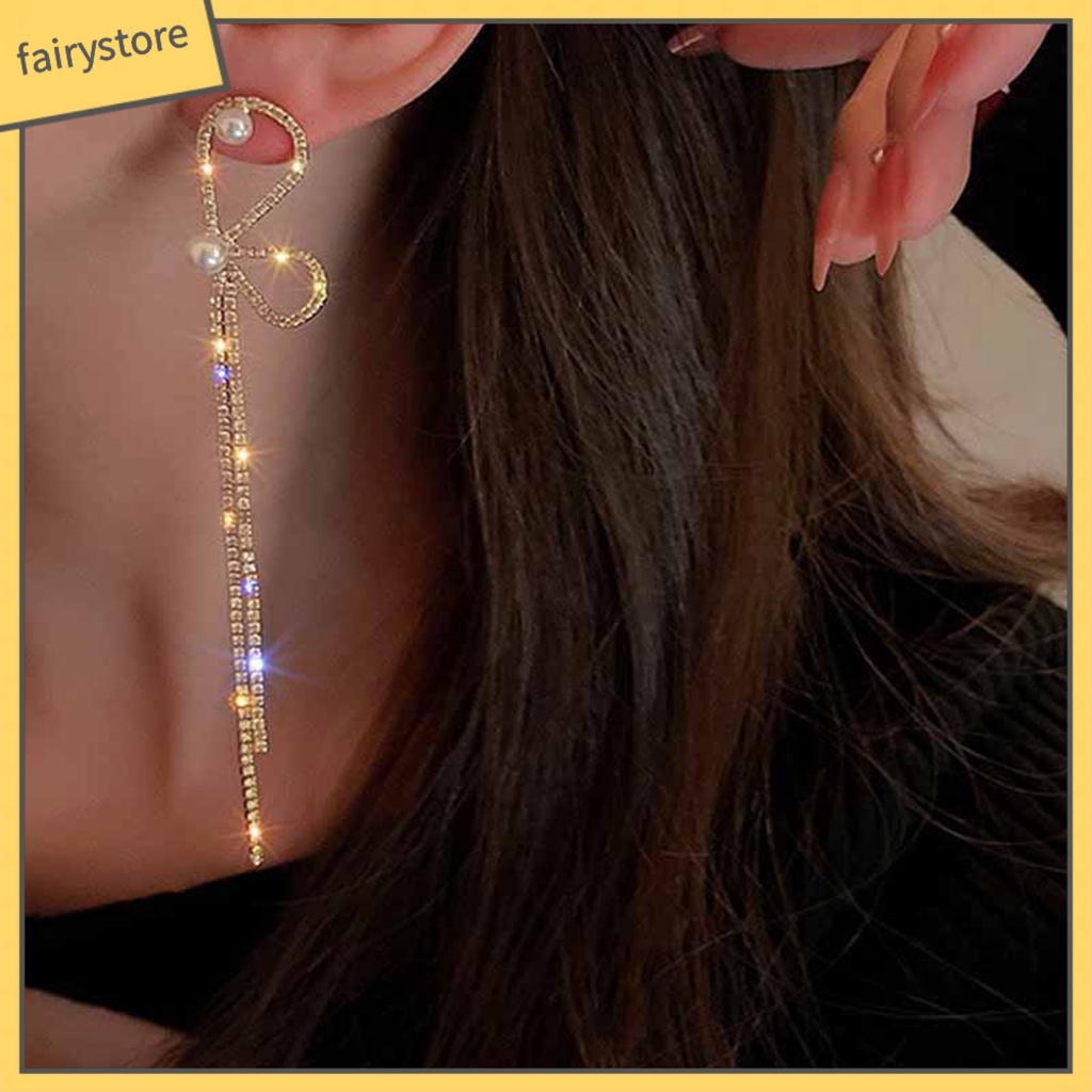 1 Đôi Bông Tai Tua Rua Dài Đính Đá &amp; Ngọc Trai Giả