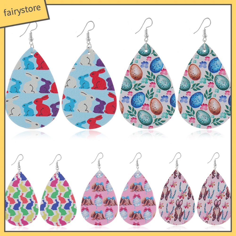 Bông Tai Giả Da Hình Giọt Nước Họa Tiết Thỏ Phục Sinh Dành Cho Nữ