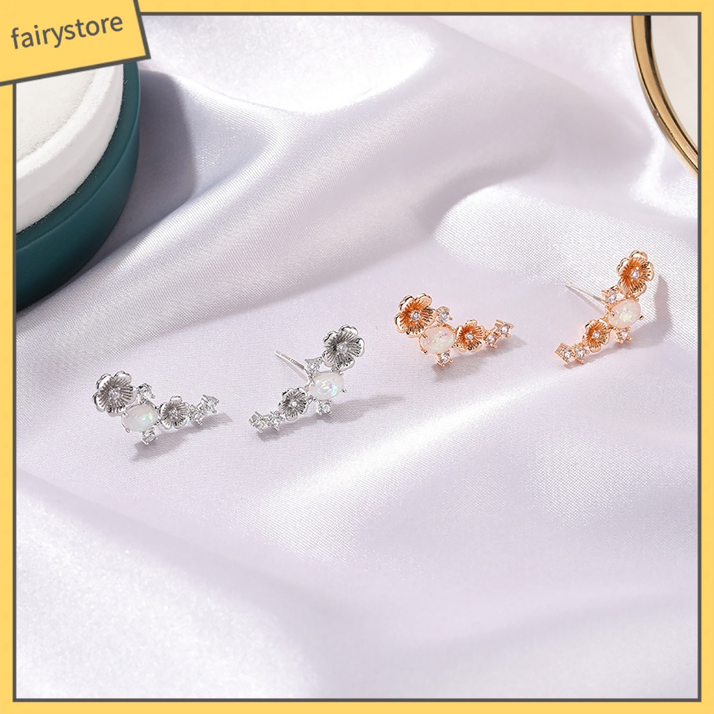 1 Đôi Bông Tai Hình Hoa Đính Đá Opal Giả Bằng Đồng Sáng Bóng Phong Cách Retro Dành Cho Nữ