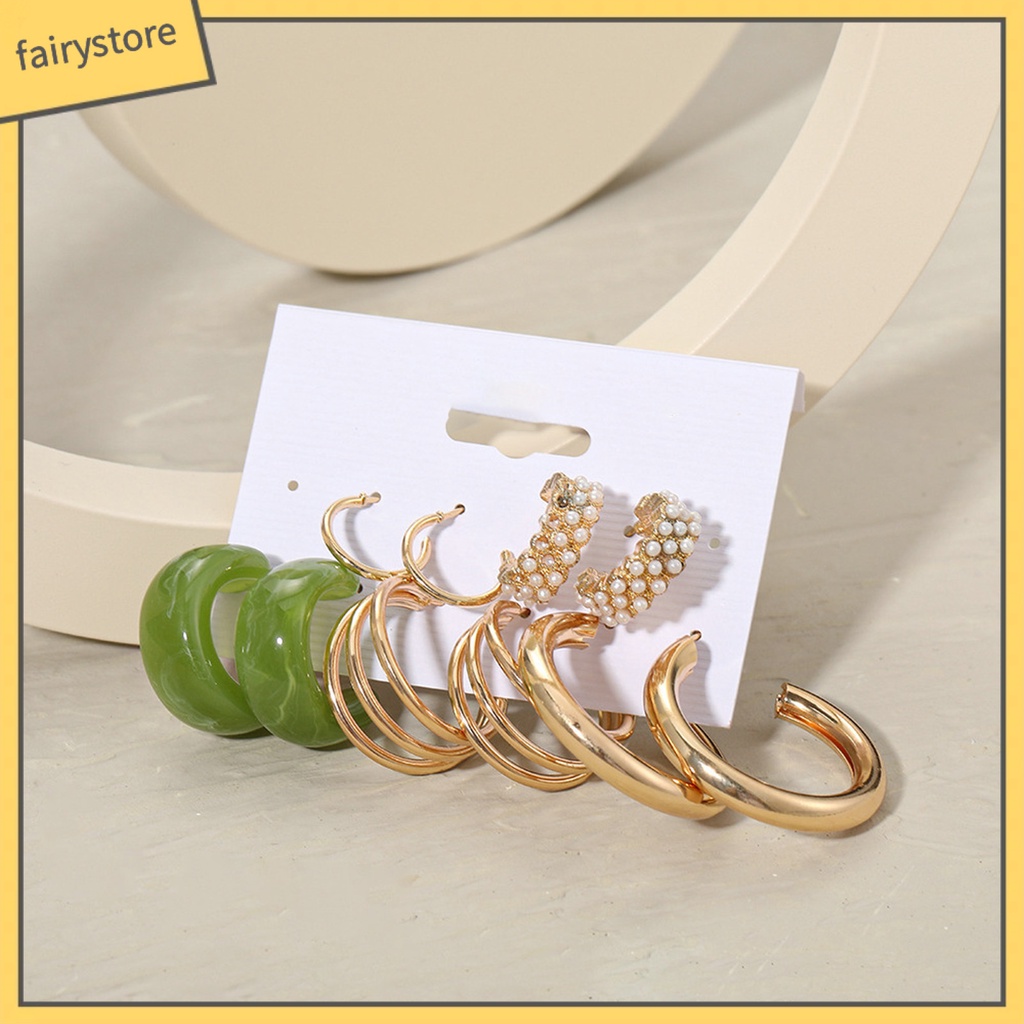 Set 5 Đôi Bông Tai Tròn Bằng Kim Loại Đính Ngọc Trai Nhân Tạo Phong Cách Bohemian