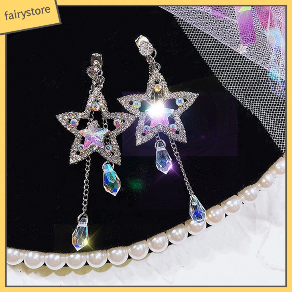 Bông Tai Dáng Dài Đính Đá Zircon Hình Ngôi Sao Phối Tua Rua Thời Trang Cho Nữ