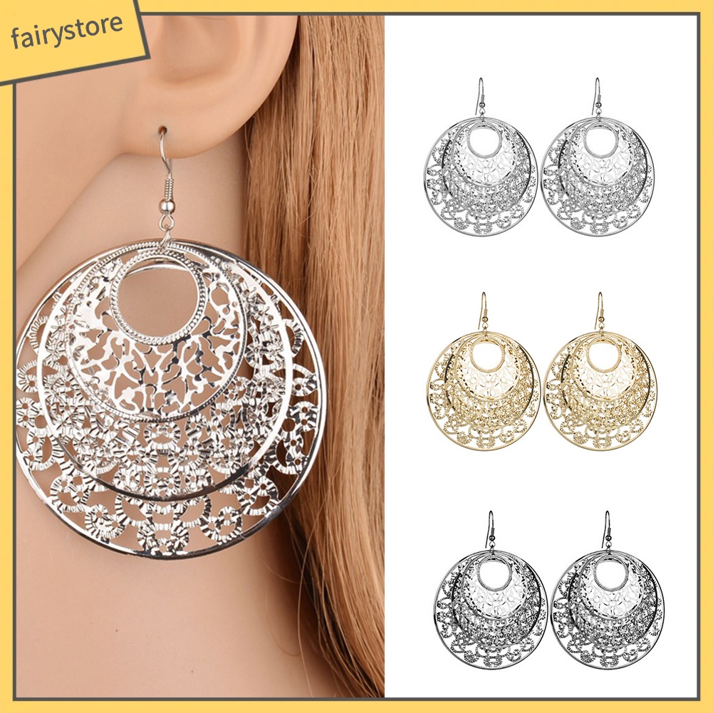 Bông Tai Dạng Móc Hình Tròn Rỗng Họa Tiết Hoa Thời Trang Cho Nữ