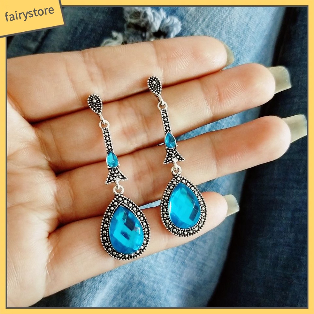 Bông Tai Dài Hình Giọt Nước Đính Đá Phong Cách Vintage Dành Cho Nữ