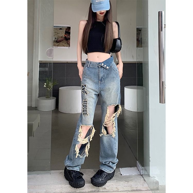 Y2k Quần Jeans Nữ Rách Dáng Suông Rộng Thêu Chữ vibe Đường Phố Mỹ Mùa Hè Cho Nữ