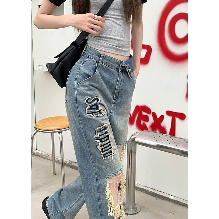 Y2k Quần Jeans Nữ Rách Dáng Suông Rộng Thêu Chữ vibe Đường Phố Mỹ Mùa Hè Cho Nữ