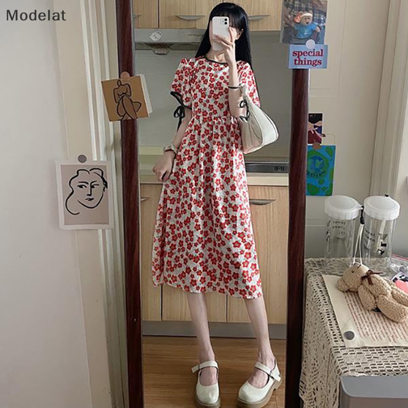 Đầm Dài Cổ Tròn Tay Ngắn In Họa Tiết Hoa Thời Trang Mùa Hè Cho Nữ