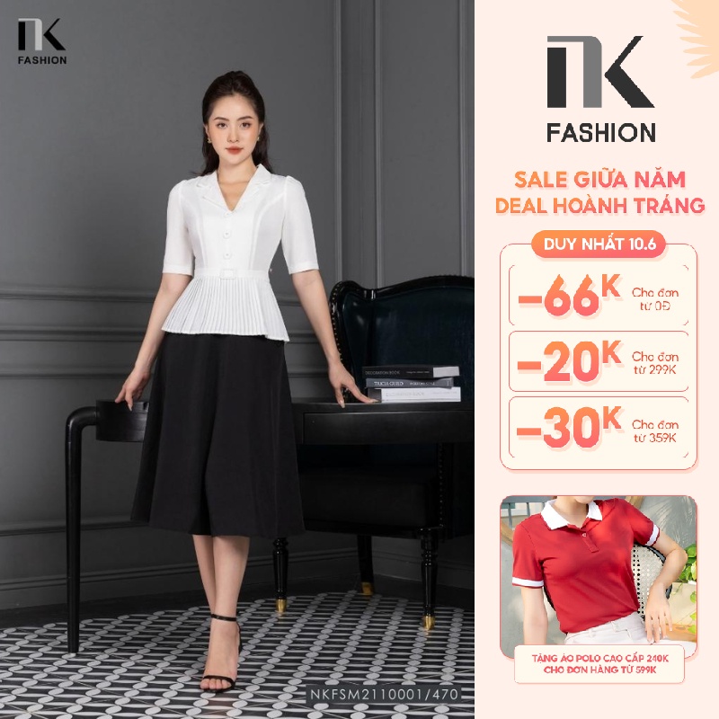 Áo Ký Giả Peplum Dập Ly NK Fashion Thiết Kế Tay Ngắn Bo Eo Điệu, Chất Liệu Nhập Hàn Mềm Mịn NKFSM2110001