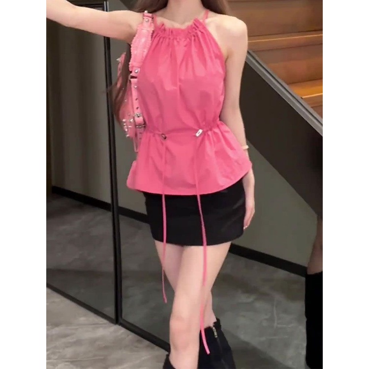 Áo Ngắn Hai Dây Không Tay Thiết Kế Dây Rút Phong Cách Mới Mùa Hè Quyến Rũ Cho Nữ