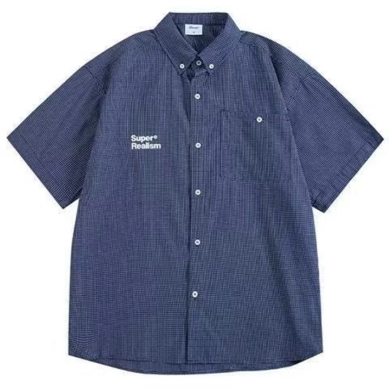 Áo Sơ Mi Tay Ngắn Dáng Rộng Họa Tiết Sọc Caro In Chữ Phong Cách Đường Phố Thời Trang Mùa Hè