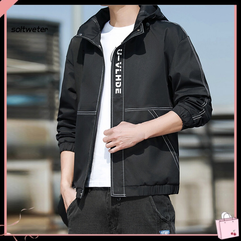 Áo Khoác Gió Màu Sắc Đơn Giản Có Mũ Trùm Phối Dây Rút Co Giãn Tốt Thời Trang Đường Phố Cho Nam