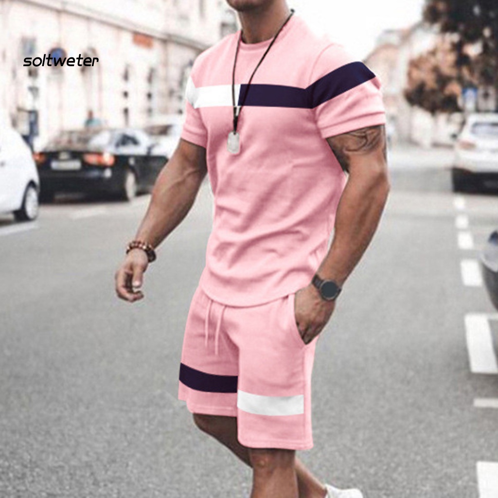Bộ Đồ Thể Thao 2 Món Áo Thun Cổ Tròn Phối Quần Short Lưng Thun Màu Sắc Tương Phản Thời Trang Mùa Hè Cho Nam