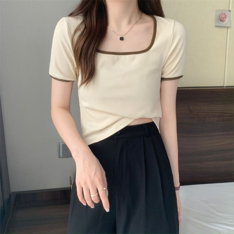 Áo Thun Tay Ngắn Cổ Vuông Hở Xương Quai Xanh Thời Trang Mùa Hè Mới 2023