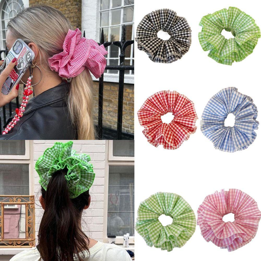 MOILYVN Dây Cột Tóc Scrunchies Vải Ren Hoa Văn Kẻ Ô Thời Trang