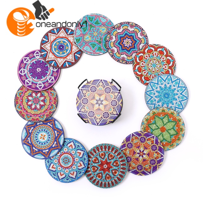 Bộ 12 Đế Lót Ly Họa Tiết Mandala Kèm Giá Đỡ Chắc Chắn Dùng Làm Tranh Đính Đá Thủ Công Diy