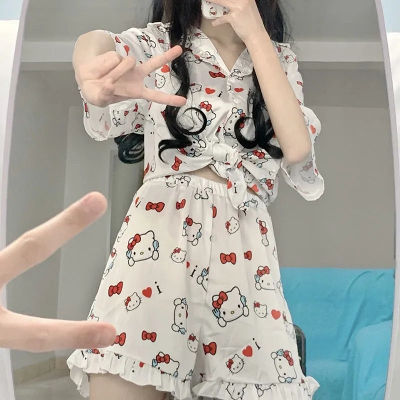 Bộ Đồ Ngủ Tay Ngắn In Hoạt Hình Hello Kitty Phong Cách Nhật Bản Thời Trang Mùa Hè Xinh Xắn Cho Nữ