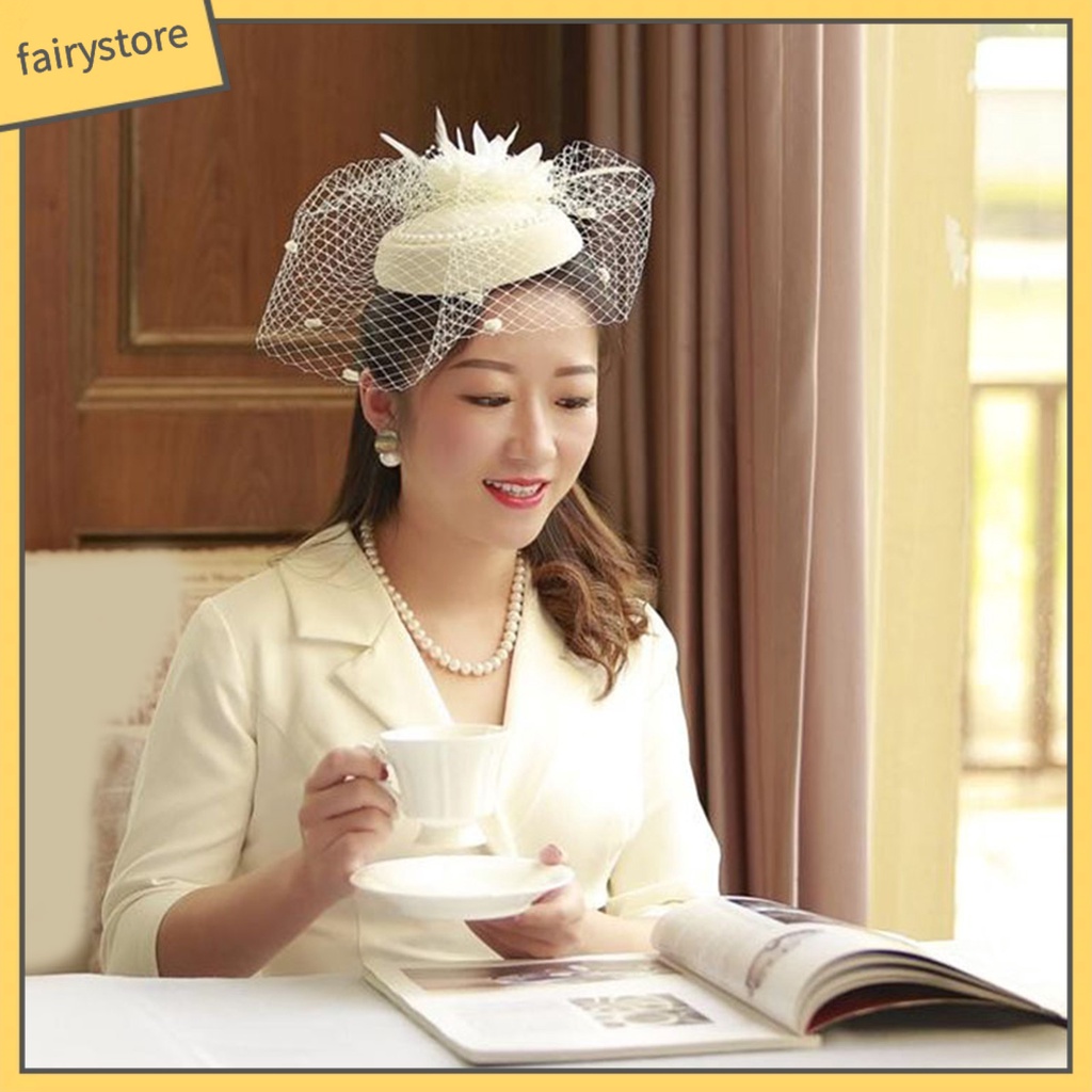 [FRO] Mũ Beret Lưới Màu Trơn Đính Ngọc Trai Giả Trang Trí Tóc Cô Dâu Trong Tiệc Cưới