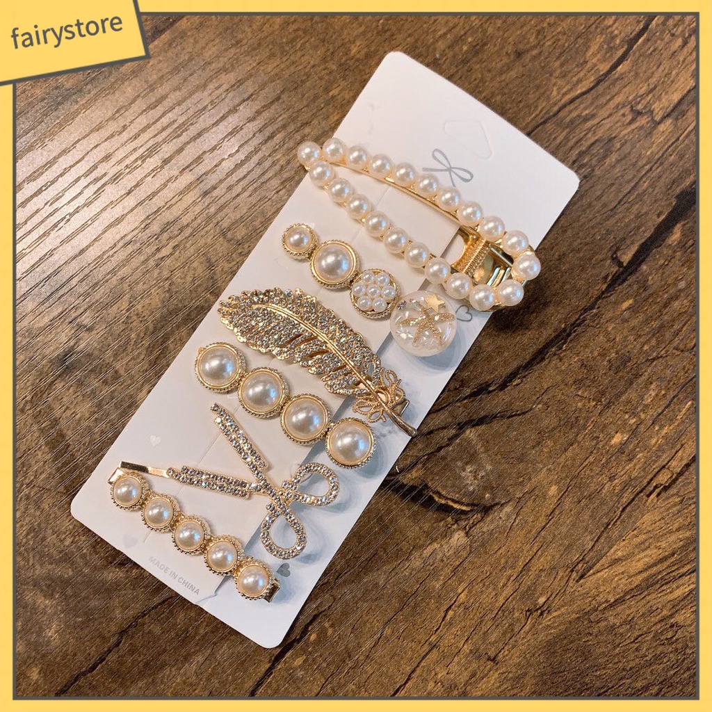 Set 6 Kẹp Tóc Hình Lông Vũ Đính Ngọc Trai Giả Thanh Lịch