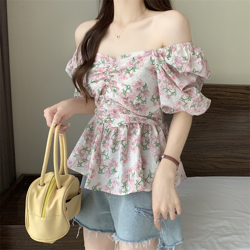 SUXI Áo Kiểu Cổ Vuông Tay Phồng Xếp Ly Dáng Ôm In Họa Tiết Thời Trang Mùa Hè Xinh Xắn Cho Nữ