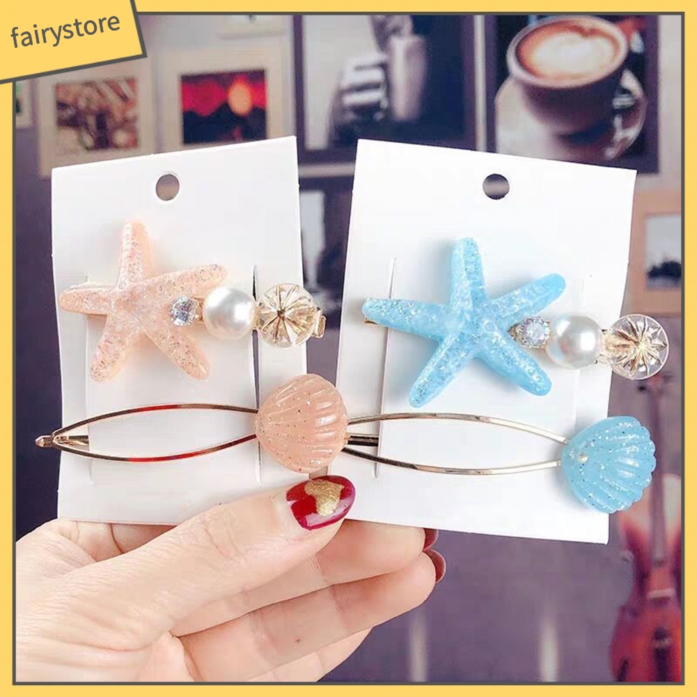 Set 2 Kẹp Tóc Hình Vỏ Sò / Sao Biển Đính Ngọc Trai Giả Thời Trang