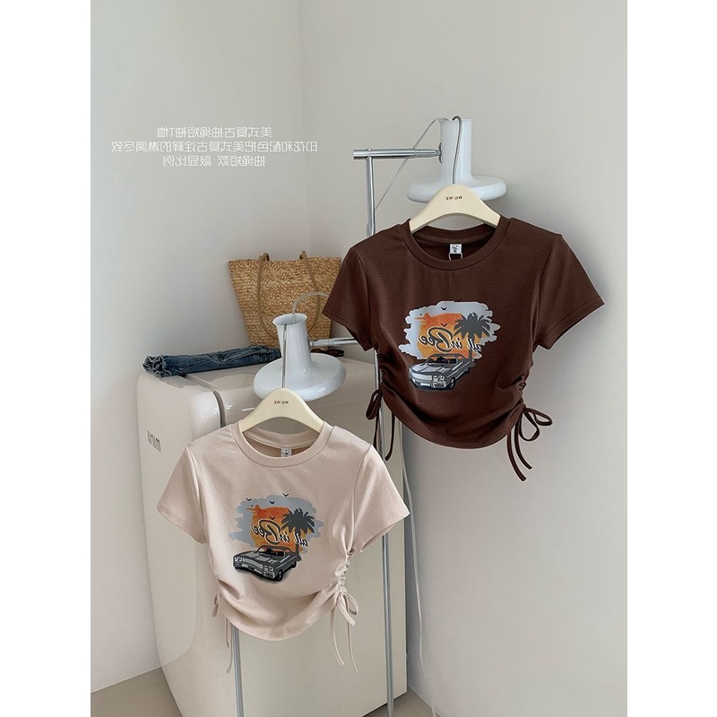 Áo Thun Tay Ngắn Phối Dây Rút In Họa Tiết Phong Cách Retro Mỹ Thời Trang Mùa Hè Cho Nữ