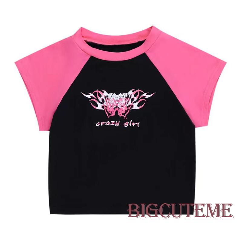 Áo Croptop Tay Ngắn Cổ Tròn In Họa Tiết Bướm Và Chữ Thời Trang Cho Nữ