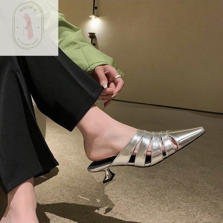 Hàng Mới Về Dép Cao Gót Mũi Nhọn Bằng Da Bóng Thời Trang Mùa Hè 2023 Dành Cho Nữ