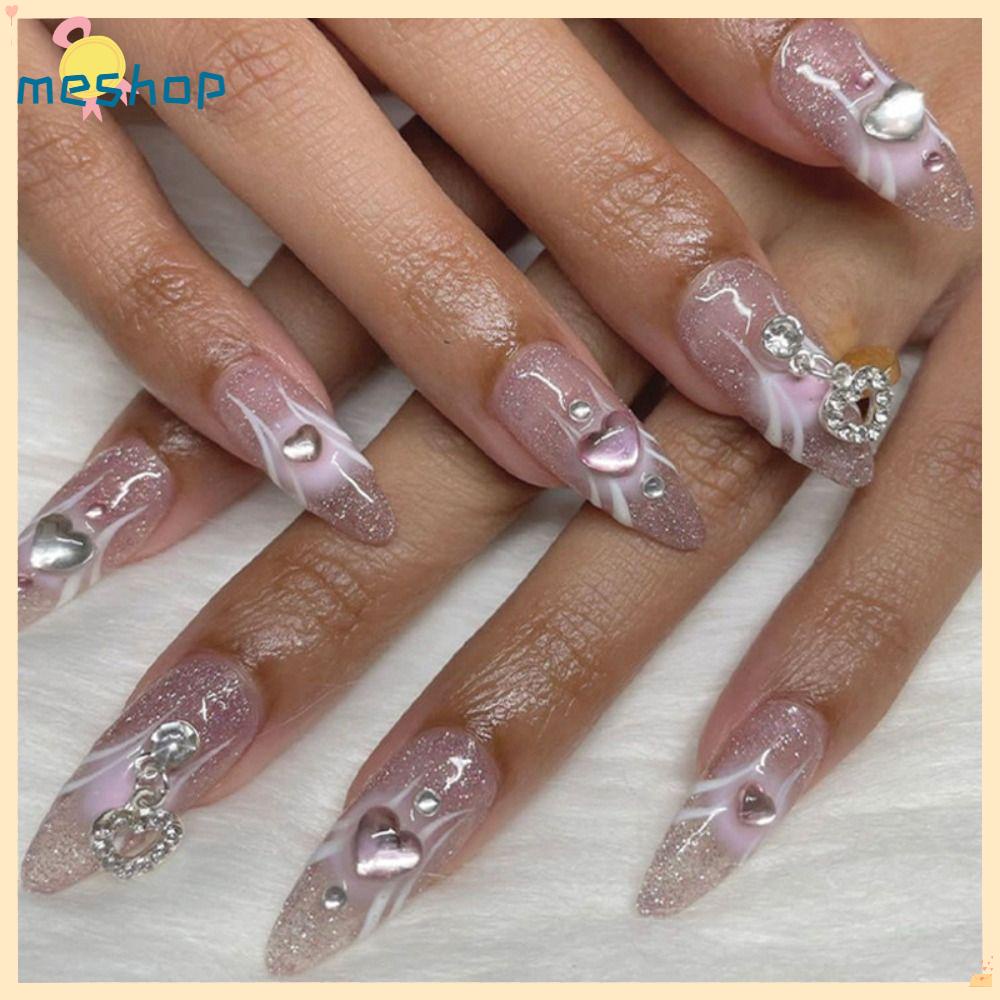 Set 24 Móng Tay Giả Dạng Nhấn Đính Đá Đen Gợn Sóng Nhiều Màu Có Thể Tháo Rời