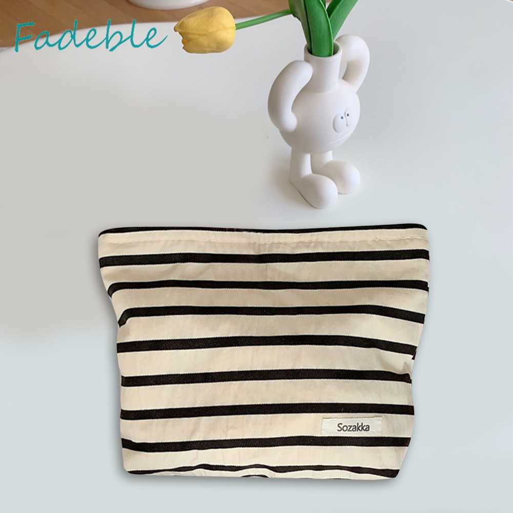 Túi Đựng Mỹ Phẩm Bằng Vải Canvas Họa Tiết Kẻ Sọc Sức Chứa Lớn Tiện Dụng Cho Nữ