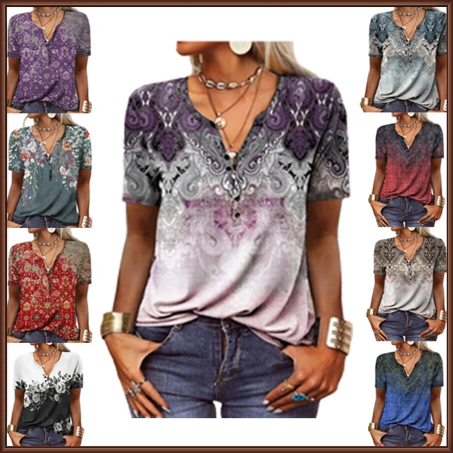 Áo Sơ Mi Mùa Hè Tay Cộc Cổ Chữ V In Họa Tiết Dân Tộc Cổ Điển Khô Nhanh Cho Nữ